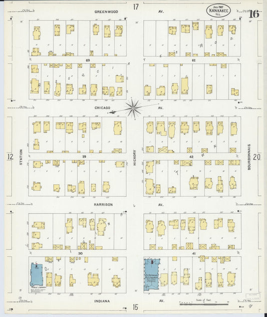 Sanborn Fire Insurance Map from Kankakee, Kankakee County, Illinois (1907), Sheet #0016 - Historic Sanborn Fire Insurance Map Print, vintage old map wall art, antique decor, genealogy gift, Illinois Illinois map