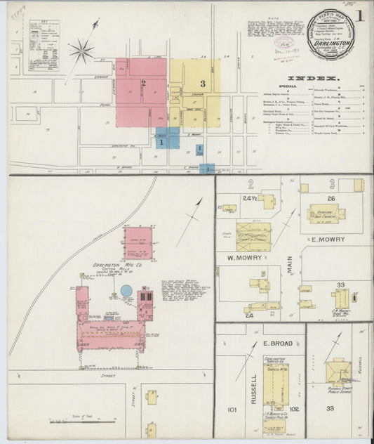 Sanborn Fire Insurance Map from Darlington, Darlington County, South Carolina (1893), Sheet #0001 - Historic Sanborn Fire Insurance Map Print, vintage old map wall art, antique decor, genealogy gift, South Carolina South Carolina map