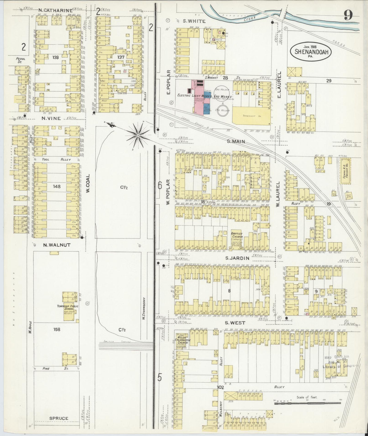 Sanborn Fire Insurance Map from Shenandoah, Schuylkill County, Pennsylvania (1908), Sheet #0009 - Historic Sanborn Fire Insurance Map Print, vintage old map wall art, antique decor, genealogy gift, Pennsylvania Pennsylvania map