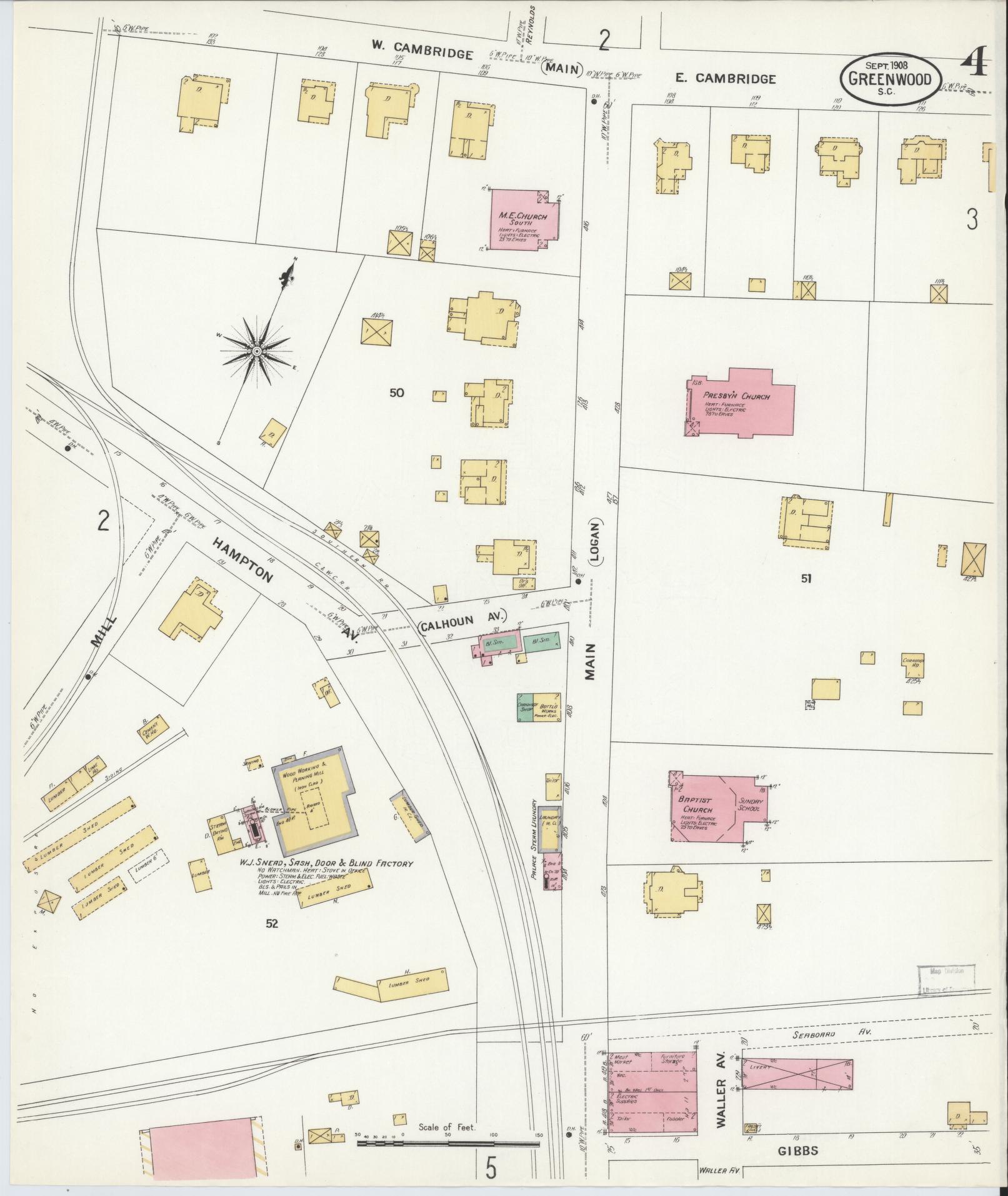 Sanborn Fire Insurance Map from Greenwood, Greenwood County, South Carolina (1908), Sheet #0004 - Complete Map Set gallery image, historic Sanborn map, vintage wall art, South Carolina South Carolina