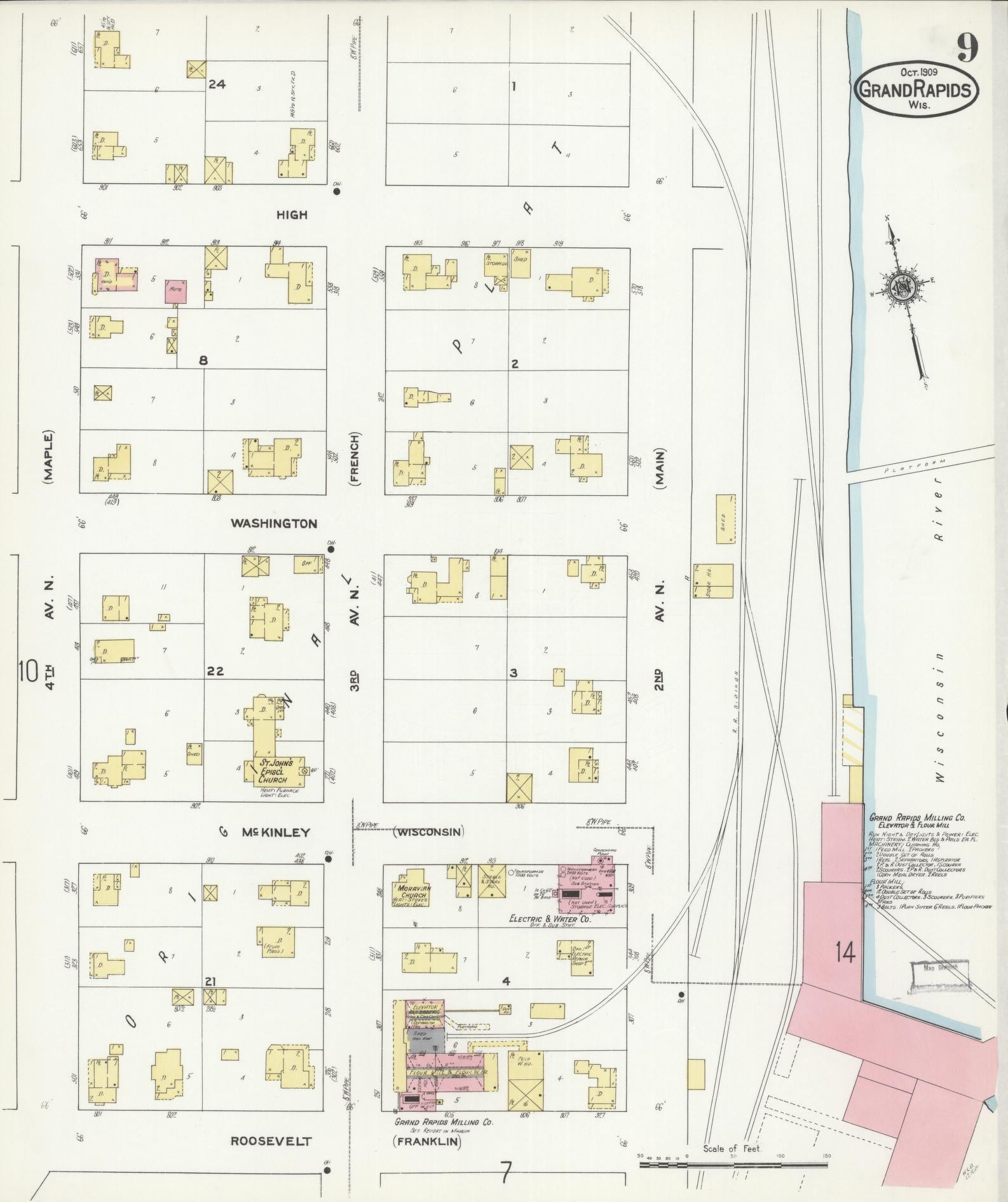 Sanborn Fire Insurance Map from Grand Rapids, Wood County, Wisconsin (1909), Sheet #0009 - Historic Sanborn Fire Insurance Map Print, vintage old map wall art, antique decor, genealogy gift, Wisconsin Wisconsin map