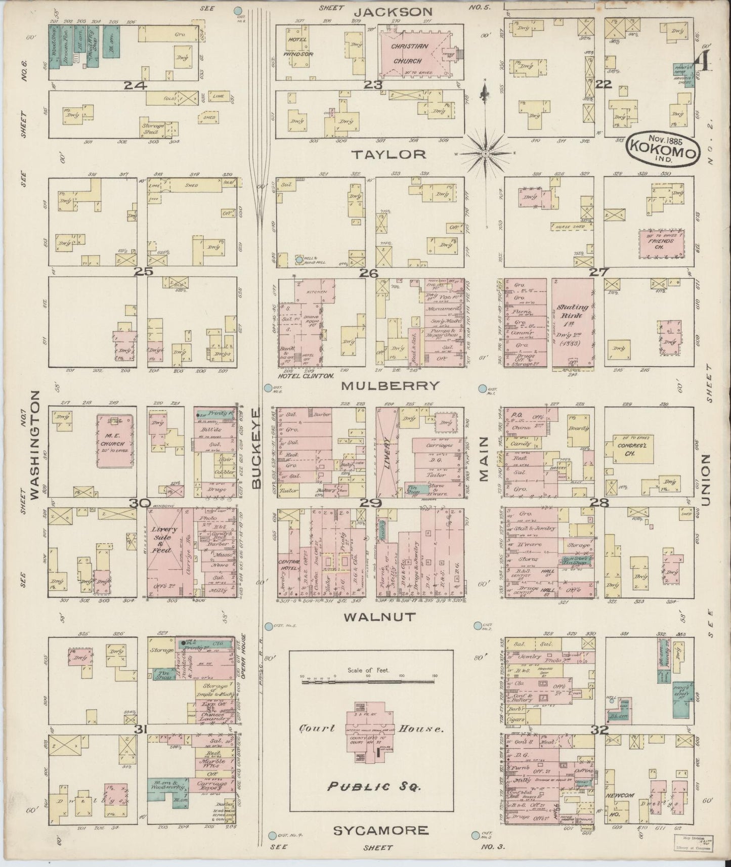 Sanborn Fire Insurance Map from Kokomo, Howard County, Indiana (1885), Sheet #0004 - Historic Sanborn Fire Insurance Map Print, vintage old map wall art, antique decor, genealogy gift, Indiana Indiana map