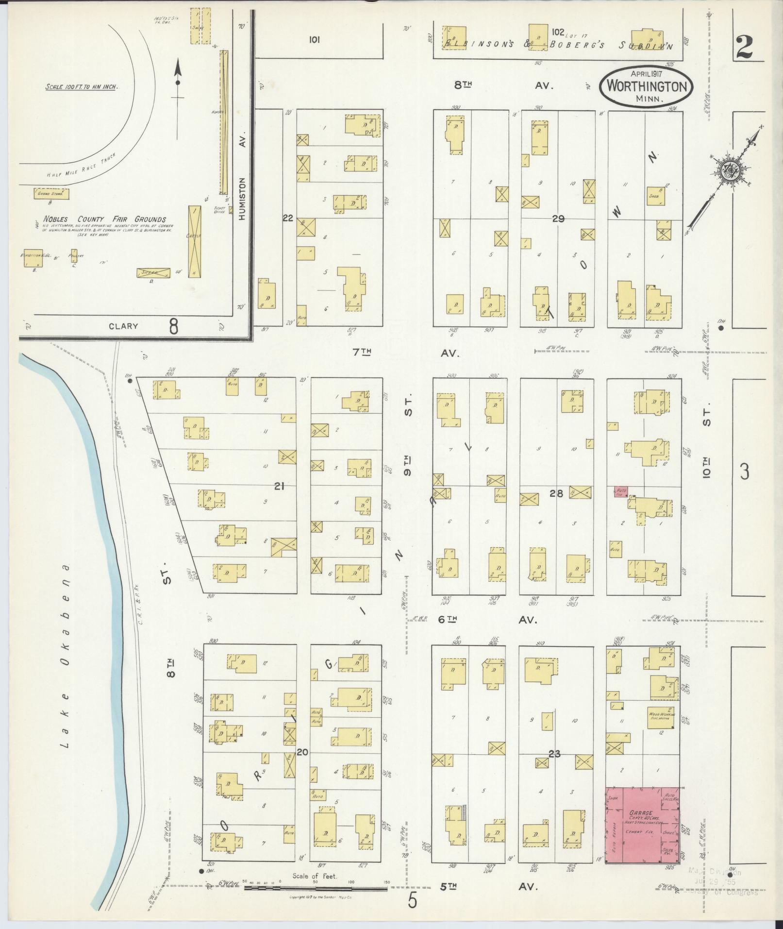 Sanborn Fire Insurance Map from Worthington, Nobles County, Minnesota (1917), Sheet #0002 - Complete Map Set gallery image, historic Sanborn map, vintage wall art, Minnesota Minnesota