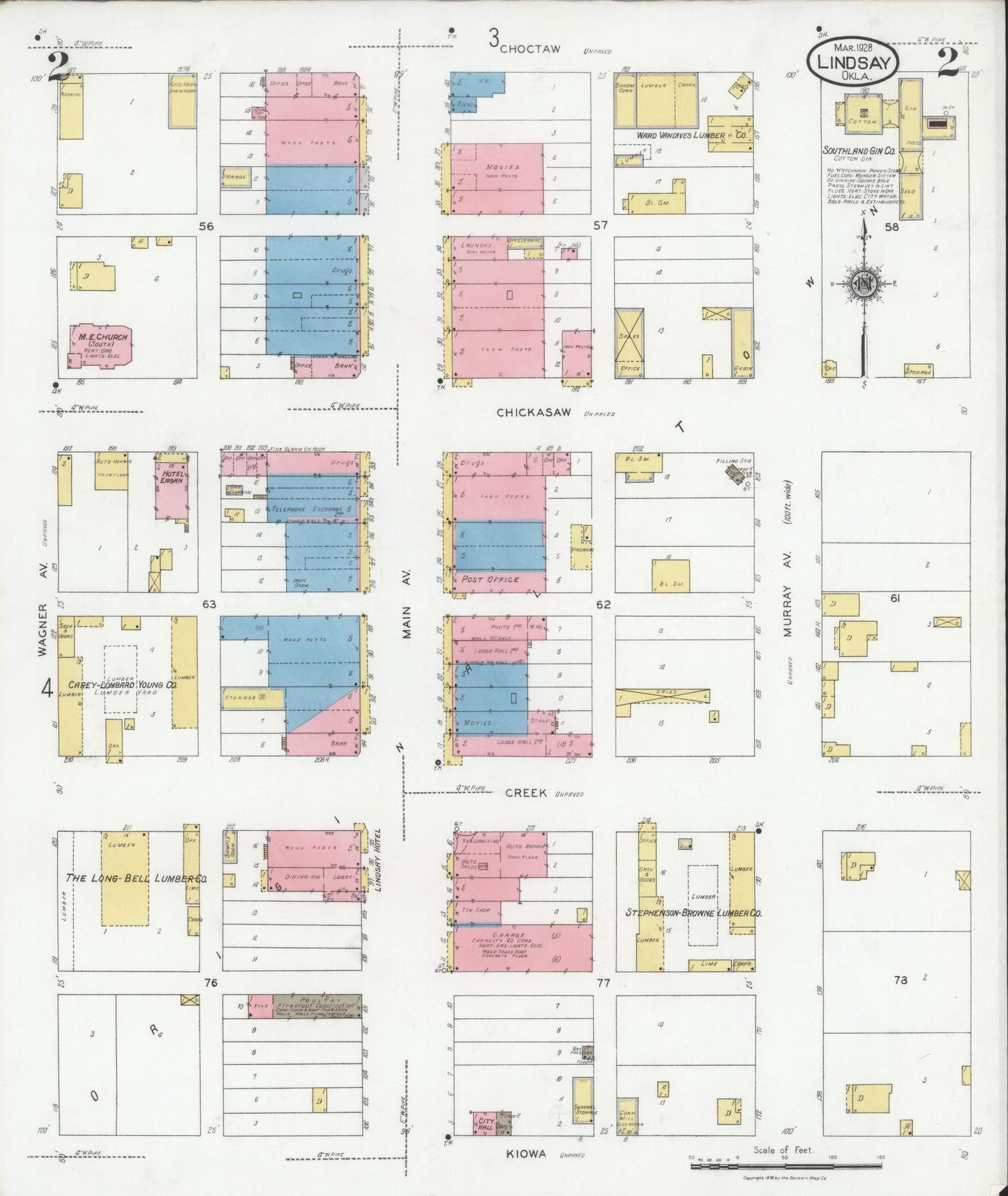 Sanborn Fire Insurance Map from Lindsay, Garvin County, Oklahoma (1928), Sheet #0002 - Complete Map Set gallery image, historic Sanborn map, vintage wall art, Oklahoma Oklahoma