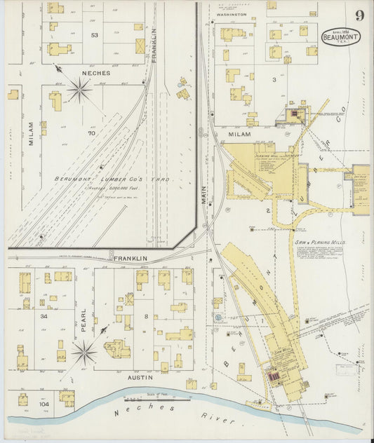 Sanborn Fire Insurance Map from Beaumont, Jefferson County, Texas (1894), Sheet #0009 - Historic Sanborn Fire Insurance Map Print, vintage old map wall art, antique decor, genealogy gift, Texas Texas map