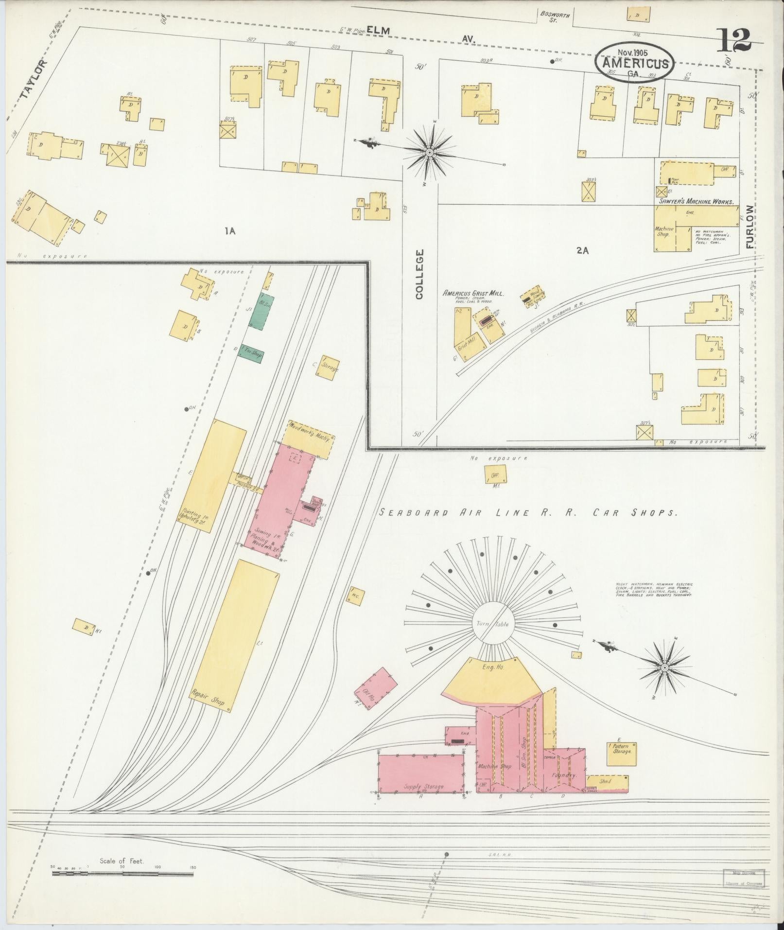 Sanborn Fire Insurance Map from Americus, Sumter County, Georgia (1905), Sheet #0012 - Historic Sanborn Fire Insurance Map Print, vintage old map wall art, antique decor, genealogy gift, Georgia Georgia map