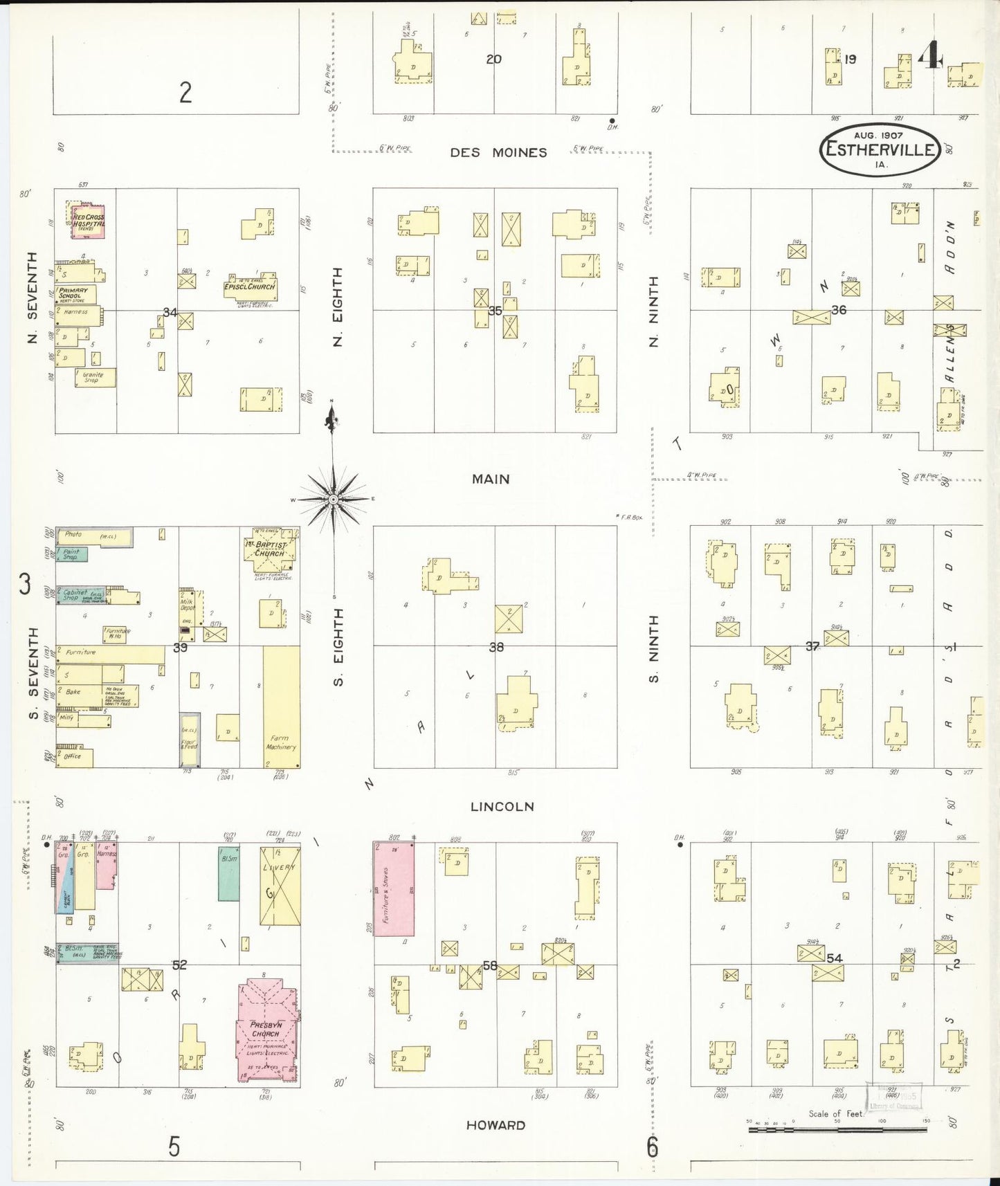 Sanborn Fire Insurance Map from Estherville, Emmet County, Iowa (1907), Sheet #0004 - Historic Sanborn Fire Insurance Map Print, vintage old map wall art