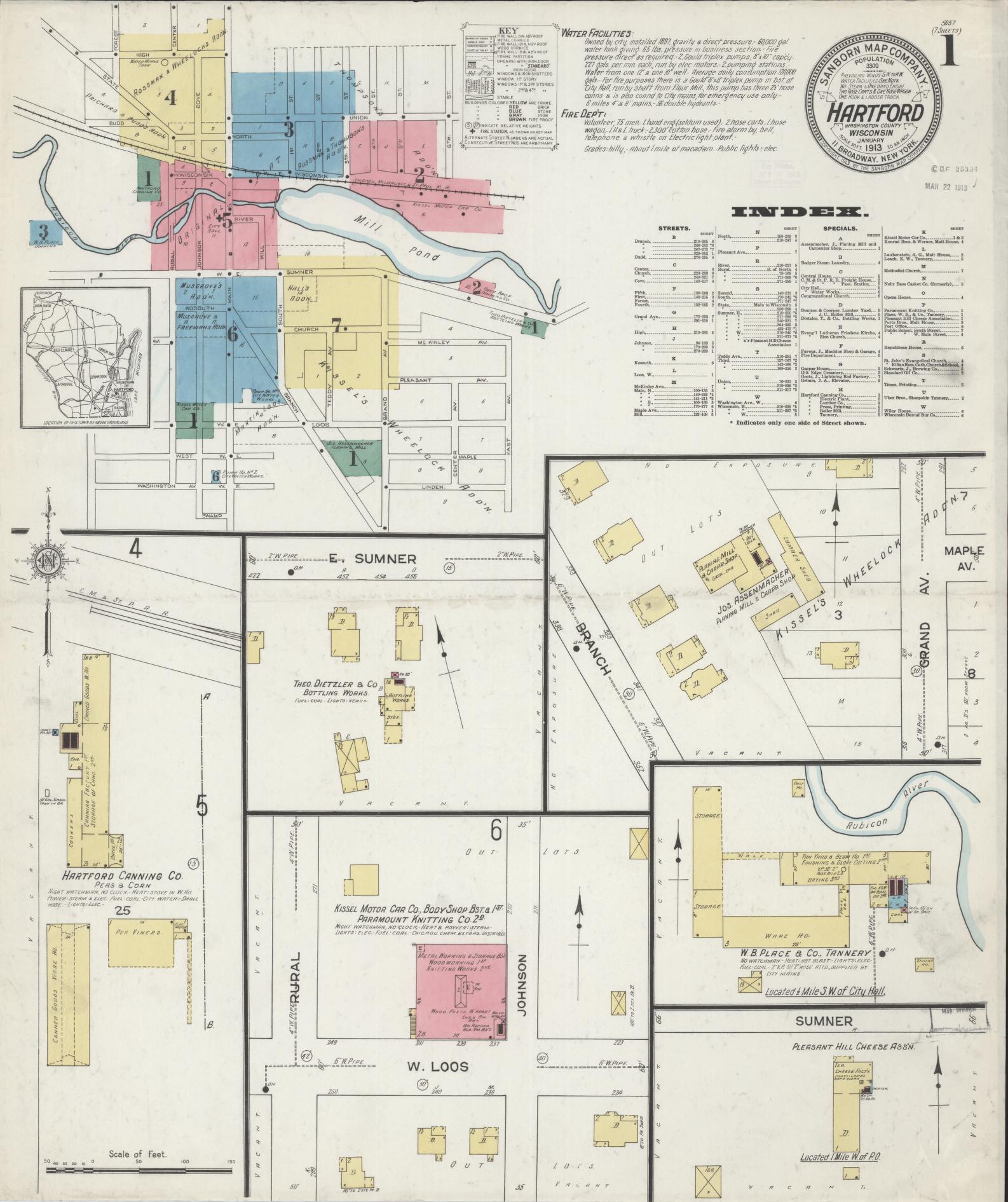 Sanborn Fire Insurance Map from Hartford, Washington County, Wisconsin (1913), Sheet #0001 - Historic Sanborn Fire Insurance Map Print, vintage old map wall art, antique decor, genealogy gift, Wisconsin Wisconsin map