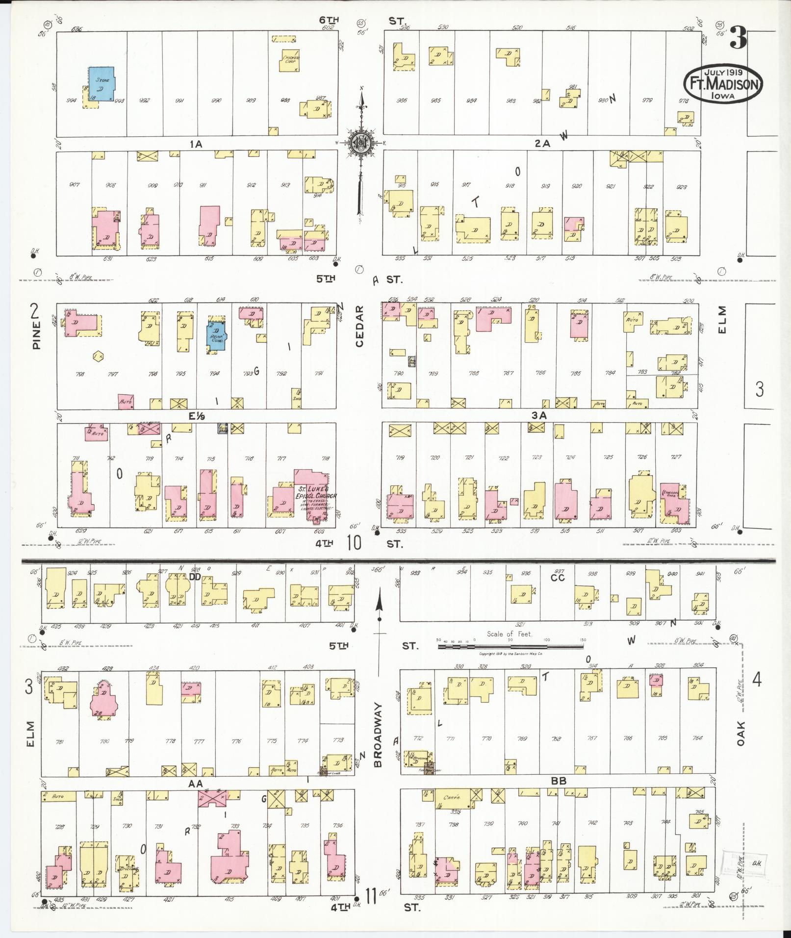 Sanborn Fire Insurance Map from Fort Madison, Lee County, Iowa (1919), Sheet #0003 - Historic Sanborn Fire Insurance Map Print, vintage old map wall art