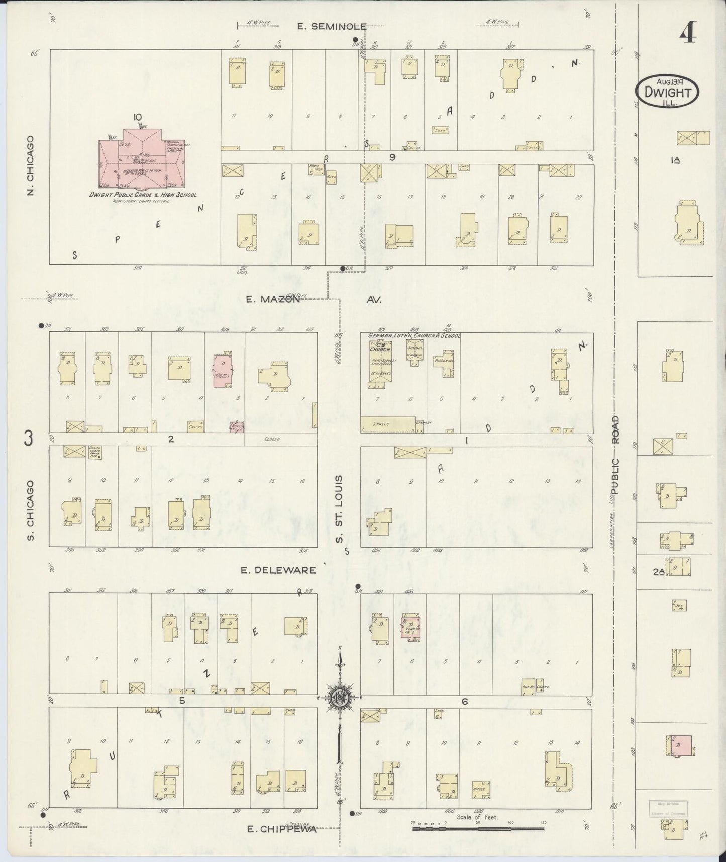 Sanborn Fire Insurance Map from Dwight, Livingston County, Illinois (1914), Sheet #0004 - Historic Sanborn Fire Insurance Map Print, vintage old map wall art, antique decor, genealogy gift, Illinois Illinois map