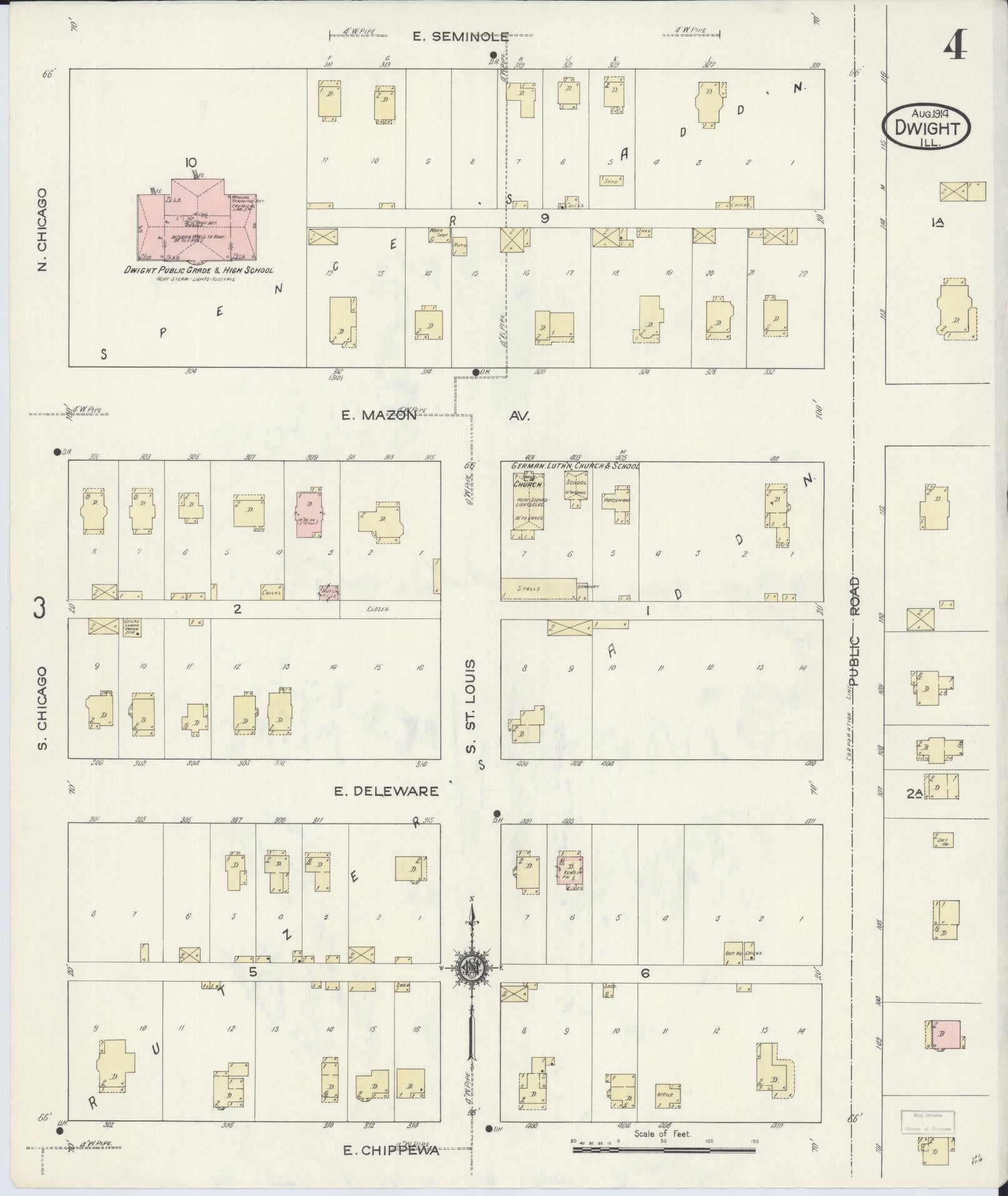 Sanborn Fire Insurance Map from Dwight, Livingston County, Illinois (1914), Sheet #0004 - Historic Sanborn Fire Insurance Map Print, vintage old map wall art, antique decor, genealogy gift, Illinois Illinois map