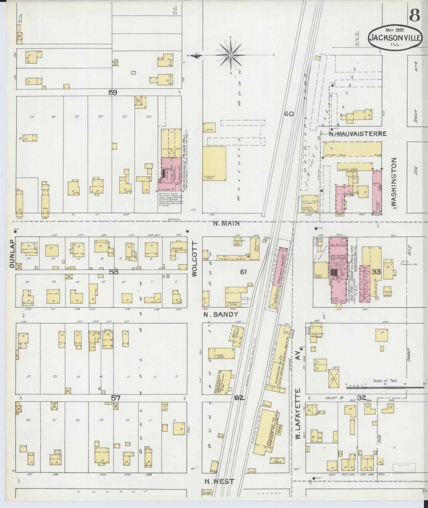 Sanborn Fire Insurance Map from Jacksonville, Morgan County, Illinois (1892), Sheet #0008 - Complete Map Set gallery image, historic Sanborn map, vintage wall art, Illinois Illinois