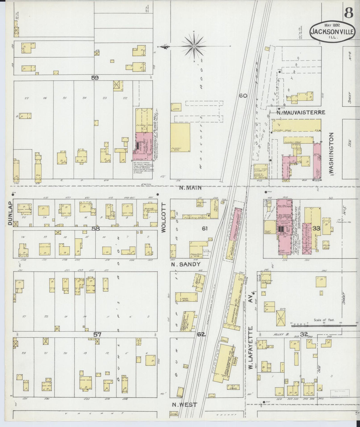 Sanborn Fire Insurance Map from Jacksonville, Morgan County, Illinois (1892), Sheet #0008 - Complete Map Set gallery image, historic Sanborn map, vintage wall art, Illinois Illinois