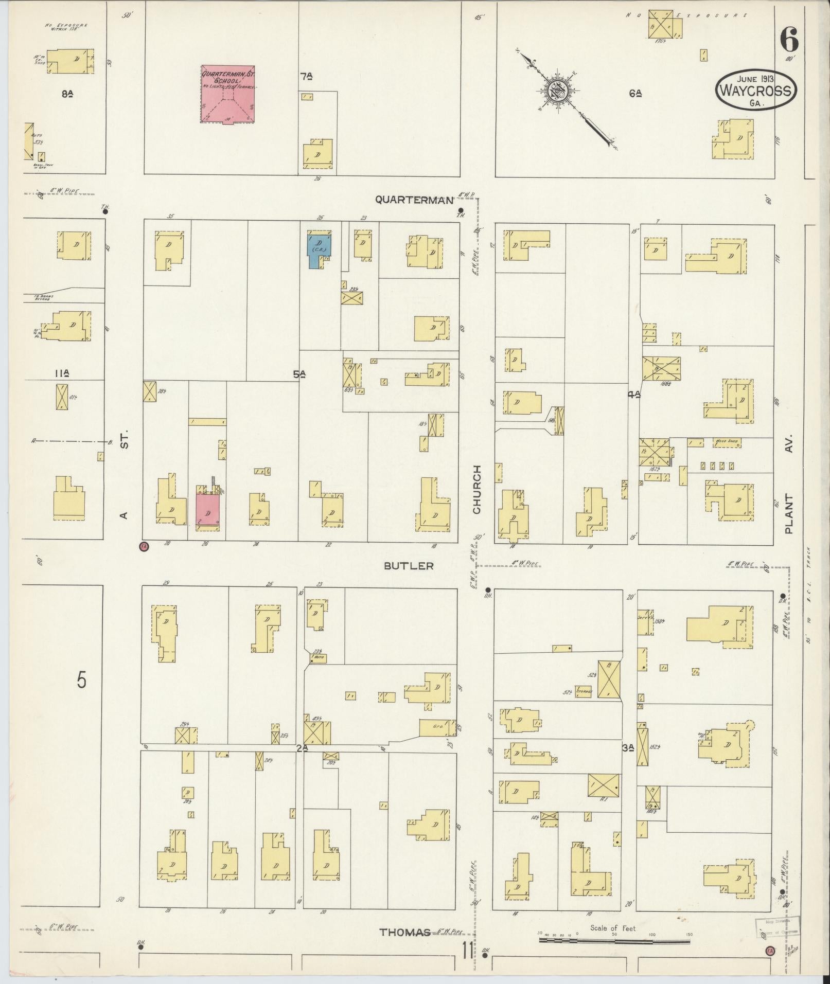 Sanborn Fire Insurance Map from Waycross, Ware County, Georgia (1913), Sheet #0006 - Complete Map Set gallery image, historic Sanborn map, vintage wall art, Georgia Georgia