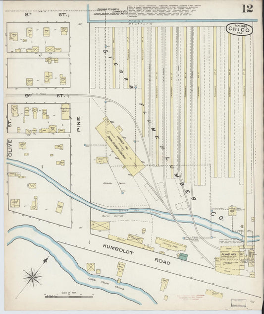 Sanborn Fire Insurance Map from Chico, Butte County, California (1886), Sheet #0012 - Historic Sanborn Fire Insurance Map Print, vintage old map wall art, antique decor, genealogy gift, California California map