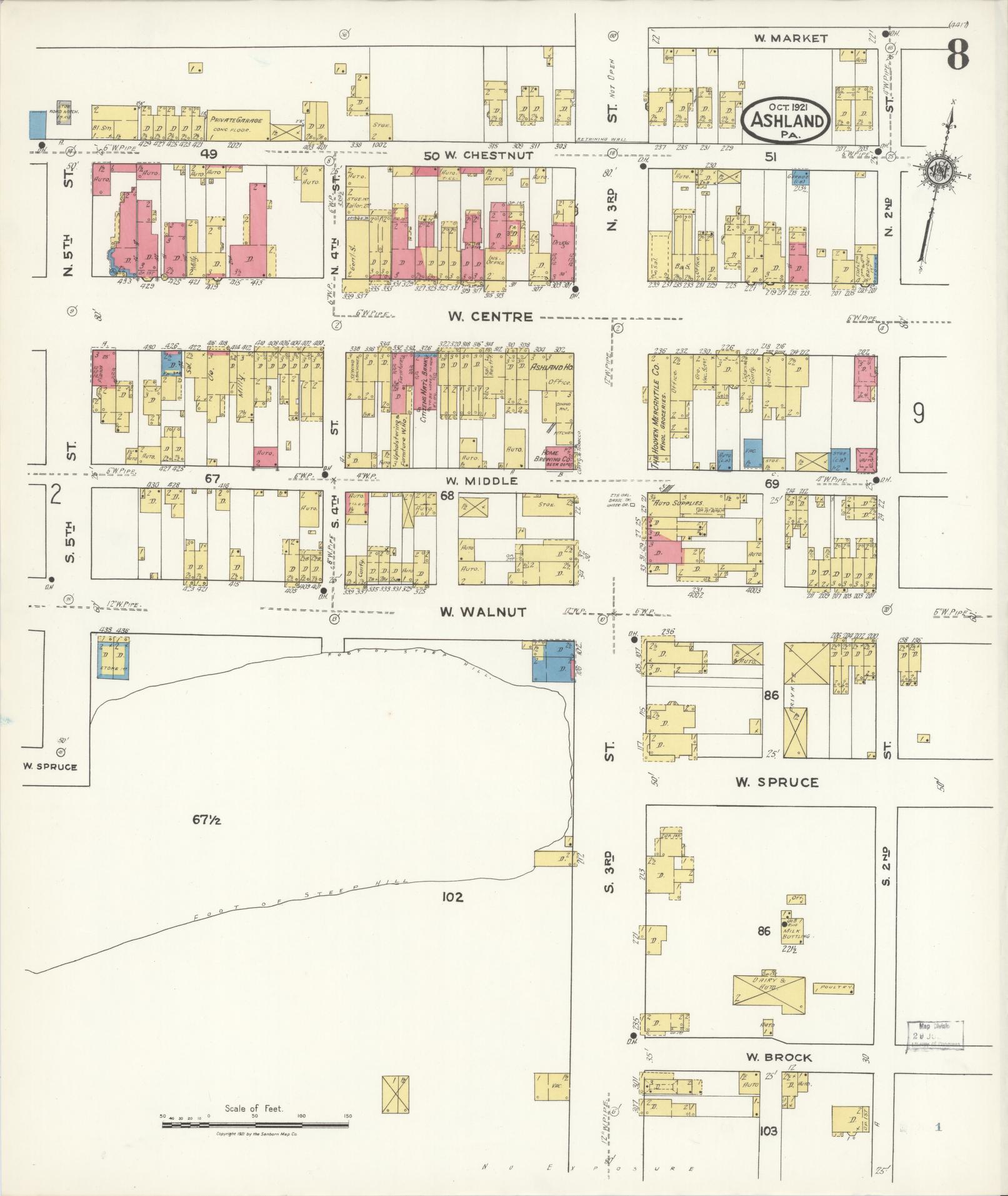 Sanborn Fire Insurance Map from Ashland, Schuylkill County, Pennsylvania (1921), Sheet #0008 - Historic Sanborn Fire Insurance Map Print, vintage old map wall art, antique decor, genealogy gift, Pennsylvania Pennsylvania map