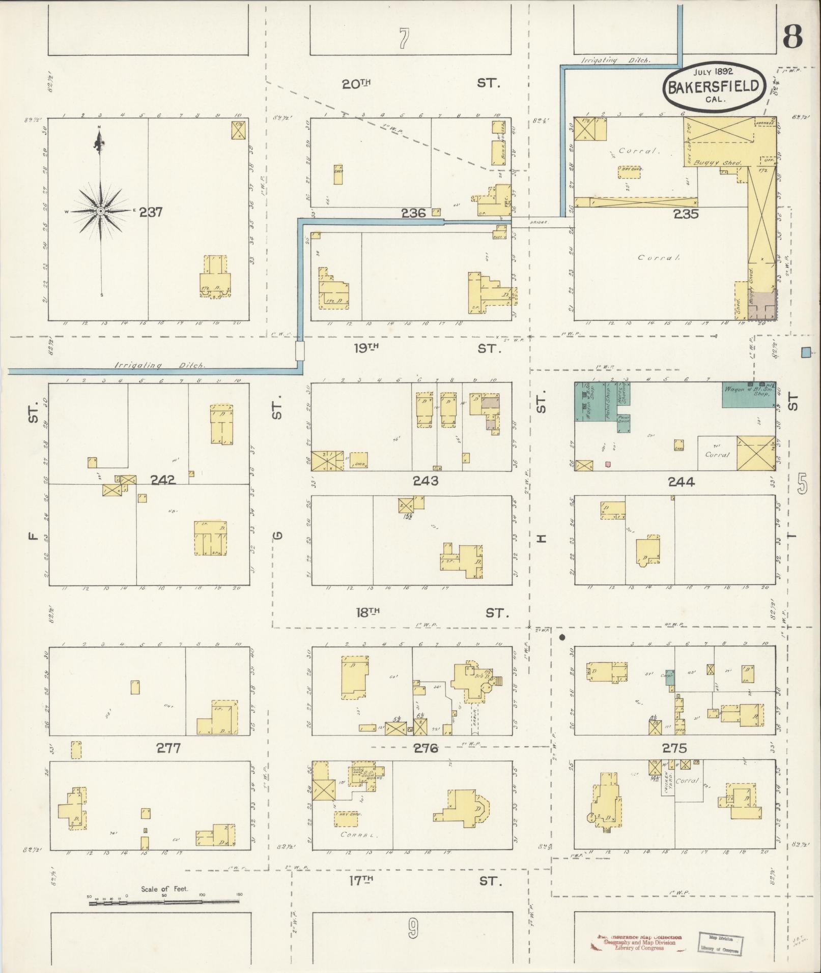 Sanborn Fire Insurance Map from Bakersfield, Kern County, California (1892), Sheet #0008 - Historic Sanborn Fire Insurance Map Print, vintage old map wall art, antique decor, genealogy gift, California California map