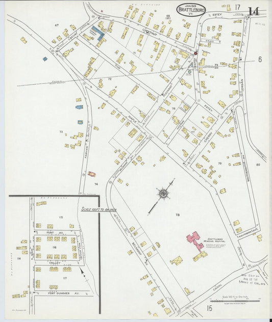 Sanborn Fire Insurance Map from Brattleboro, Windham County, Vermont (1919), Sheet #0014 - Historic Sanborn Fire Insurance Map Print, vintage old map wall art, antique decor, genealogy gift, Vermont Vermont map