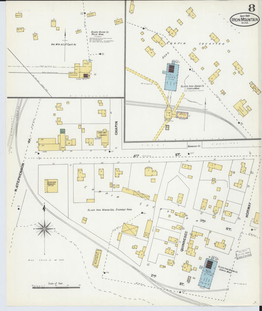 Sanborn Fire Insurance Map from Iron Mountain, Dickinson County, Michigan (1904), Sheet #0008 - Historic Sanborn Fire Insurance Map Print, vintage old map wall art, antique decor, genealogy gift, Michigan Michigan map
