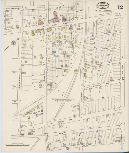 Sanborn Fire Insurance Map from Lyndhurst, Bergen County, New Jersey (1915), Sheet #0012 - Historic Sanborn Fire Insurance Map Print, vintage old map wall art, antique decor, genealogy gift, New Jersey New Jersey map