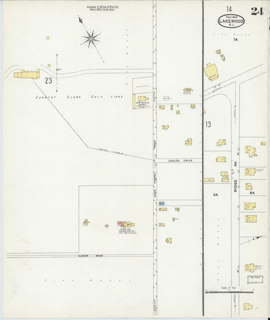 Sanborn Fire Insurance Map from Lakewood, Ocean County, New Jersey (1909), Sheet #0024 - Historic Sanborn Fire Insurance Map Print, vintage old map wall art, antique decor, genealogy gift, New Jersey New Jersey map