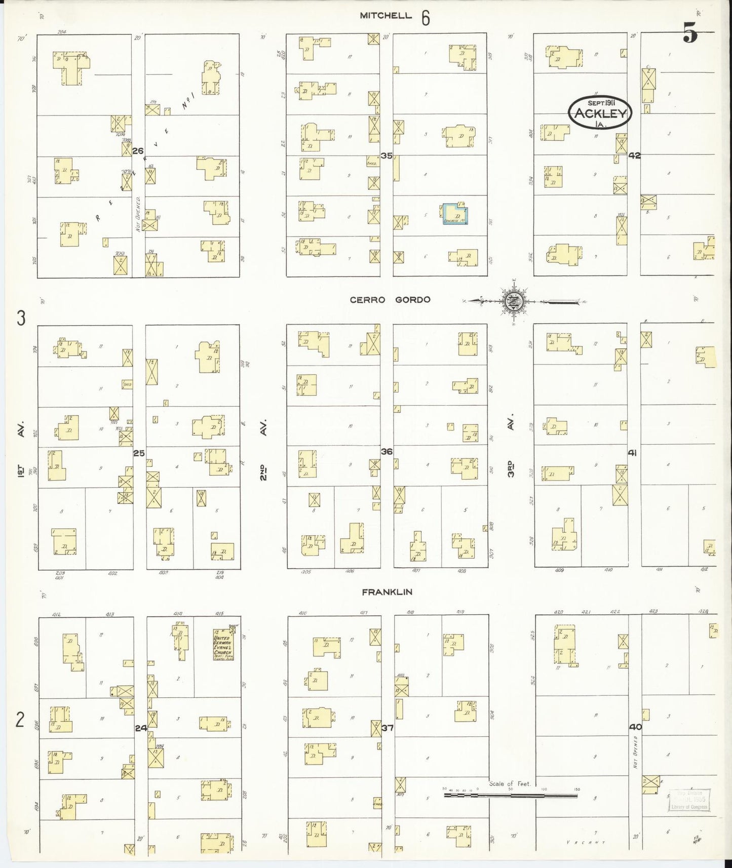Sanborn Fire Insurance Map from Ackley, Hardin and Franklin Counties, Iowa (1911), Sheet #0005 - Historic Sanborn Fire Insurance Map Print, vintage old map wall art