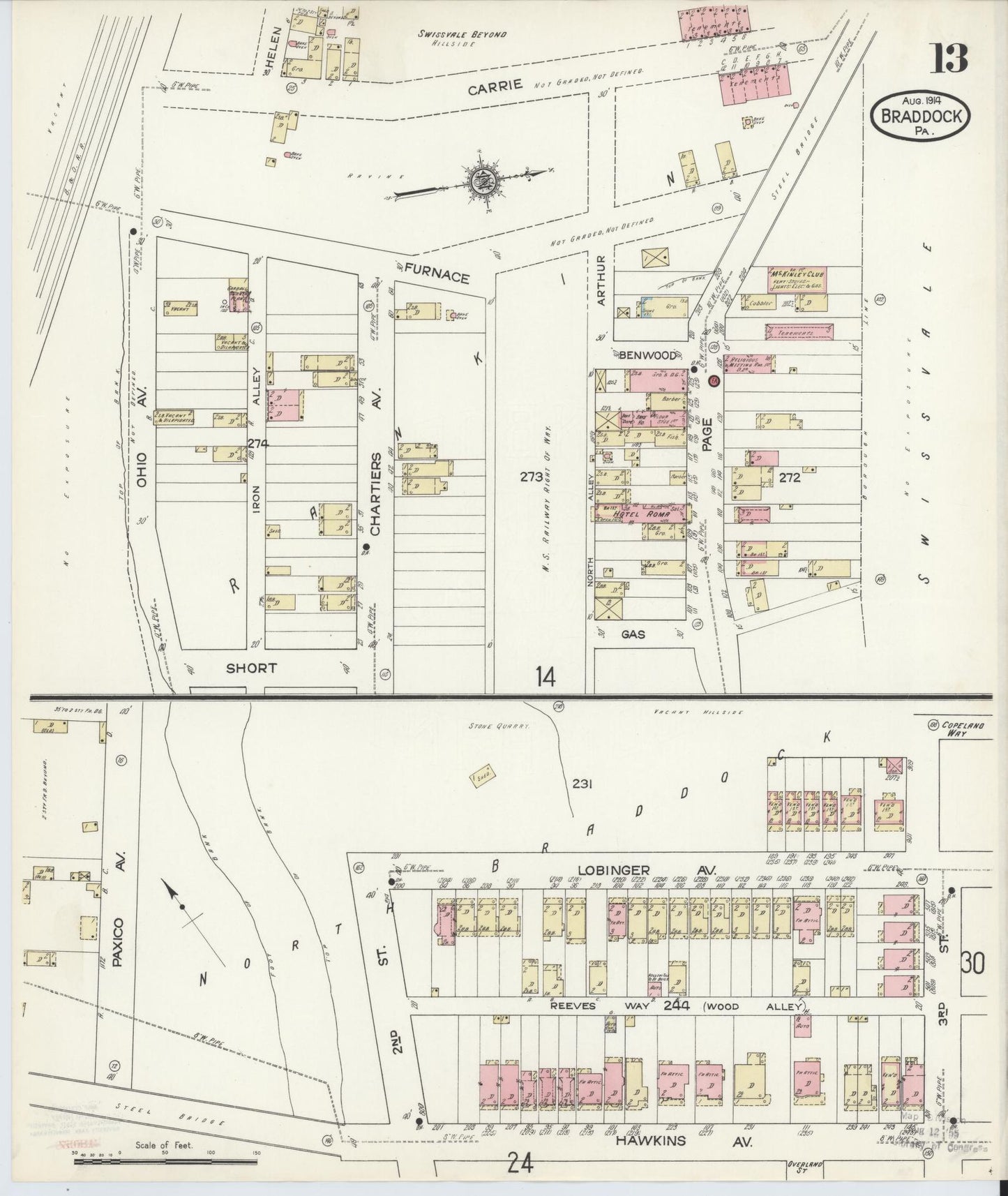 Sanborn Fire Insurance Map from Braddock, Allegheny County, Pennsylvania (1914), Sheet #0013 - Historic Sanborn Fire Insurance Map Print, vintage old map wall art, antique decor, genealogy gift, Pennsylvania Pennsylvania map