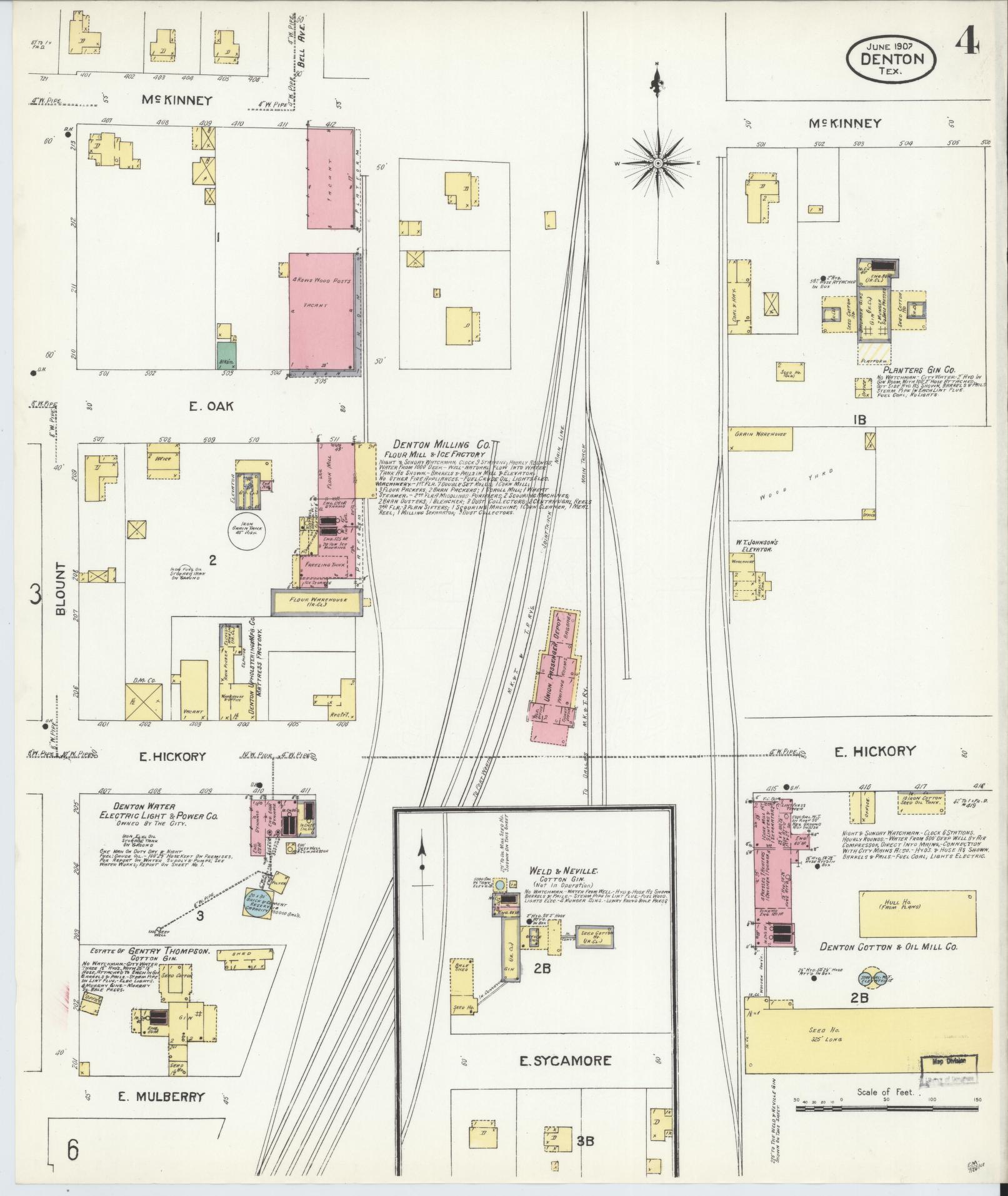Sanborn Fire Insurance Map from Denton, Denton County, Texas (1907), Sheet #0004 - Historic Sanborn Fire Insurance Map Print, vintage old map wall art, antique decor, genealogy gift, Texas Texas map