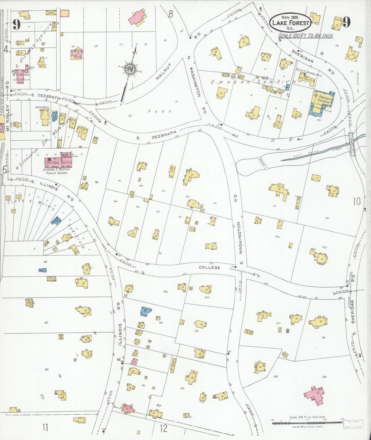 Sanborn Fire Insurance Map from Lake Forest, Lake County, Illinois (1926), Sheet #0009 - Complete Map Set gallery image, historic Sanborn map, vintage wall art, Illinois Illinois