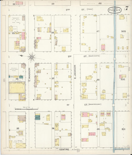 Sanborn Fire Insurance Map from Phoenix, Maricopa County, Arizona (1893), Sheet #0007 - Historic Sanborn Fire Insurance Map Print, vintage old map wall art, antique decor, genealogy gift, Arizona Arizona map