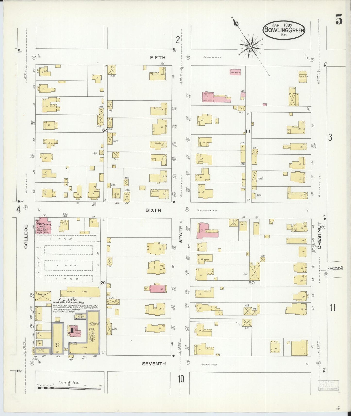 Sanborn Fire Insurance Map from Bowling Green, Warren County, Kentucky (1909), Sheet #0005 - Complete Map Set gallery image, historic Sanborn map, vintage wall art, Kentucky Kentucky