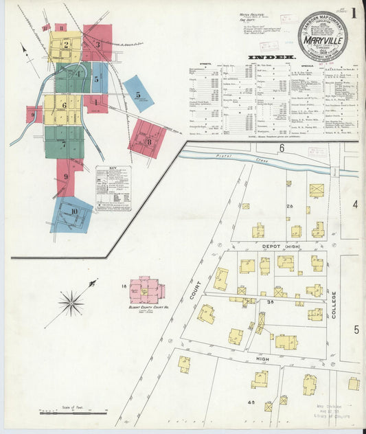 Sanborn Fire Insurance Map from Maryville, Blount County, Tennessee (1909), Sheet #0001 - Historic Sanborn Fire Insurance Map Print, vintage old map wall art, antique decor, genealogy gift, Tennessee Tennessee map