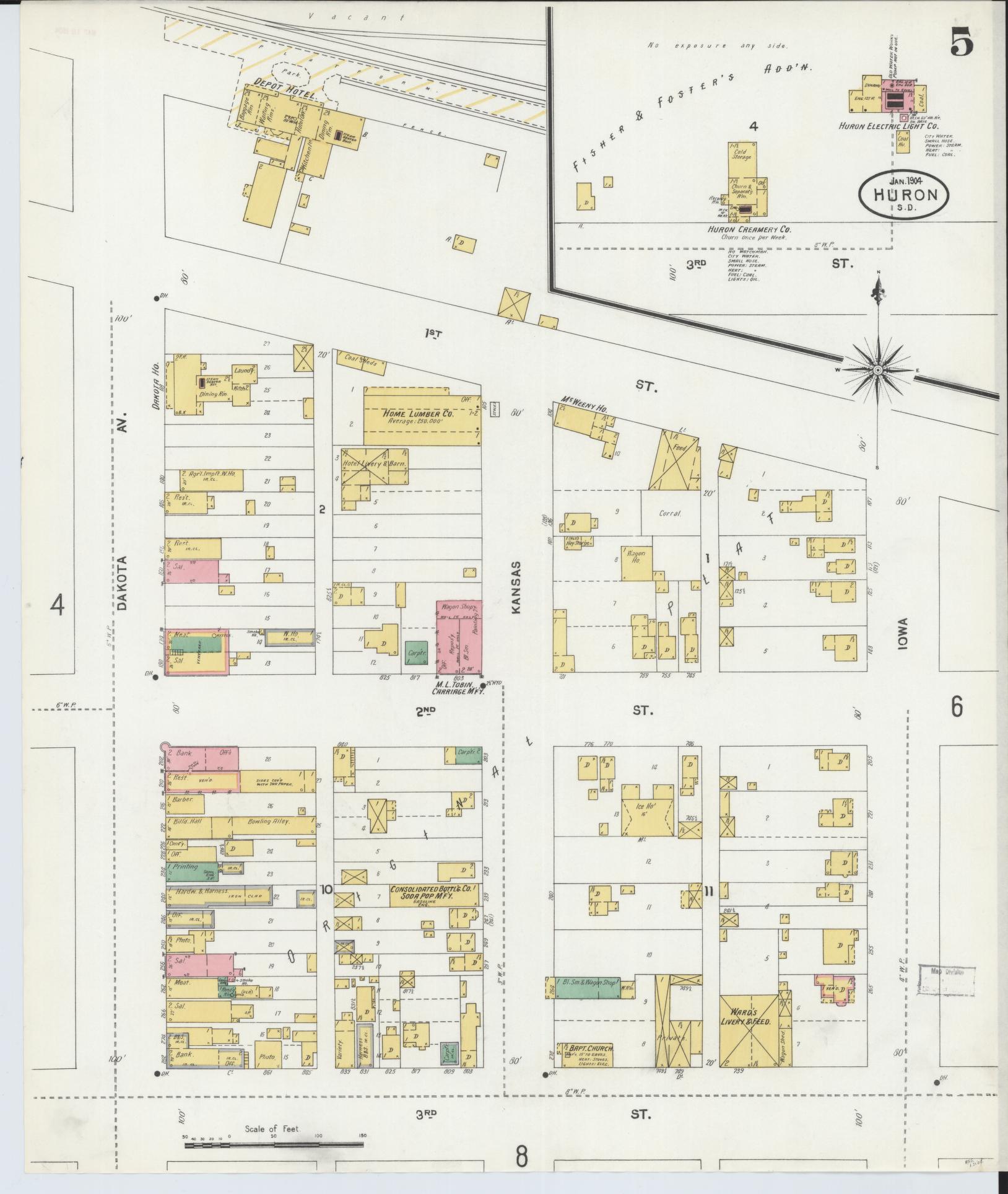 Sanborn Fire Insurance Map from Huron, Beadle County, South Dakota (1904), Sheet #0005 - Historic Sanborn Fire Insurance Map Print, vintage old map wall art, antique decor, genealogy gift, South Dakota South Dakota map