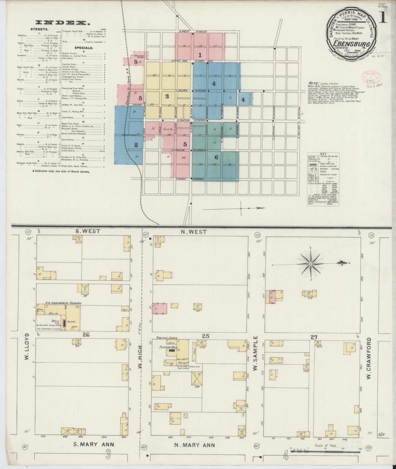 Sanborn Fire Insurance Map from Ebensburg, Cambria County, Pennsylvania (1894), Sheet #0001 - Historic Sanborn Fire Insurance Map Print, vintage old map wall art, antique decor, genealogy gift, Pennsylvania Pennsylvania map