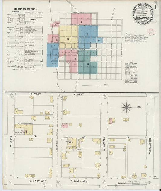 Sanborn Fire Insurance Map from Ebensburg, Cambria County, Pennsylvania (1894), Sheet #0001 - Historic Sanborn Fire Insurance Map Print, vintage old map wall art, antique decor, genealogy gift, Pennsylvania Pennsylvania map