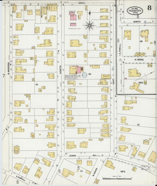Sanborn Fire Insurance Map from Yazoo City, Yazoo County, Mississippi (1905), Sheet #0008 - Historic Sanborn Fire Insurance Map Print, vintage old map wall art, antique decor, genealogy gift, Mississippi Mississippi map