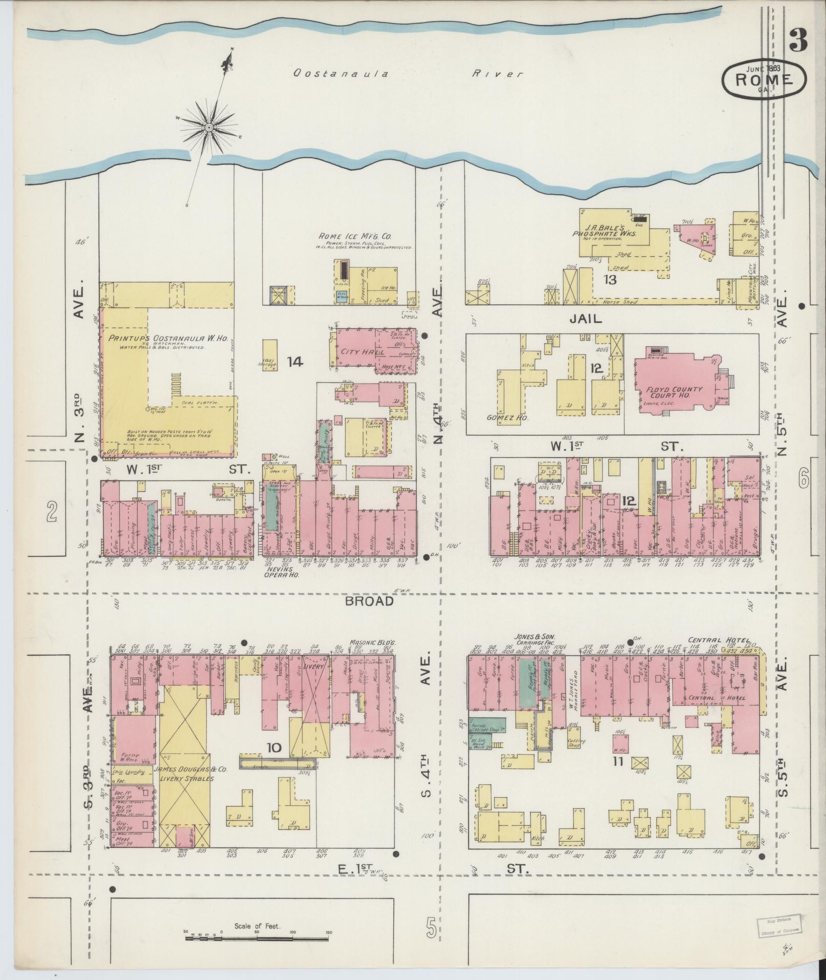 Sanborn Fire Insurance Map from Rome, Floyd County, Georgia (1893), Sheet #0003 - Historic Sanborn Fire Insurance Map Print, vintage old map wall art, antique decor, genealogy gift, Georgia Georgia map