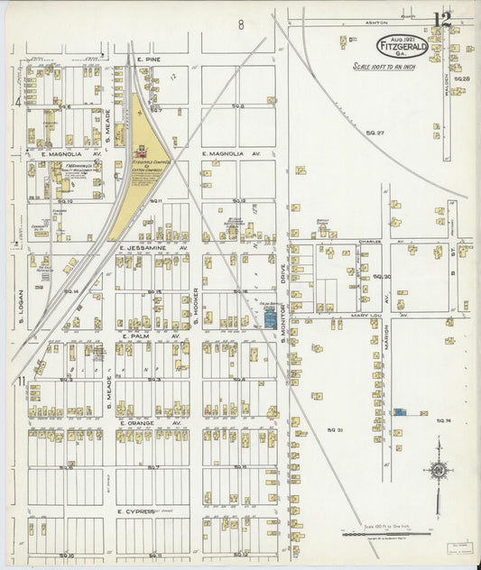 Sanborn Fire Insurance Map from Fitzgerald, Ben Hill County, Georgia (1921), Sheet #0012 - Historic Sanborn Fire Insurance Map Print, vintage old map wall art, antique decor, genealogy gift, Georgia Georgia map