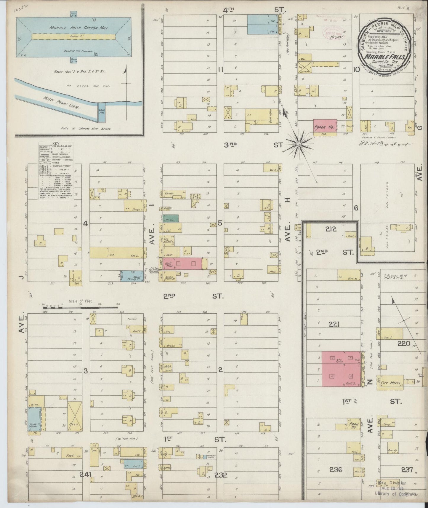 Sanborn Fire Insurance Map from Marble Falls, Burnet County, Texas (1894), Sheet #0001 - Historic Sanborn Fire Insurance Map Print, vintage old map wall art, antique decor, genealogy gift, Texas Texas map