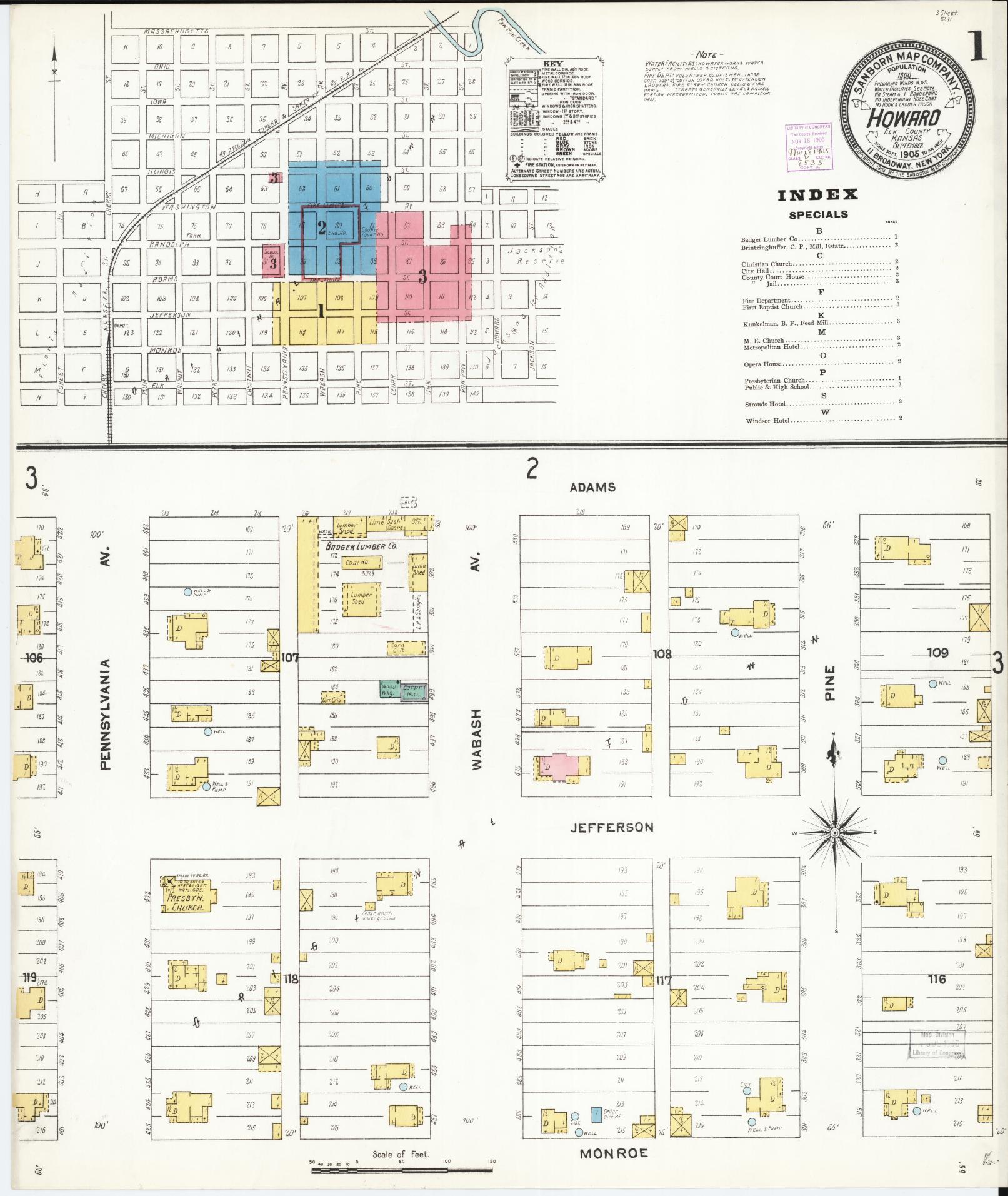 Sanborn Fire Insurance Map from Howard, Elk County, Kansas (1905), Sheet #0001 - Complete Map Set gallery image, historic Sanborn map, vintage wall art, Kansas Kansas