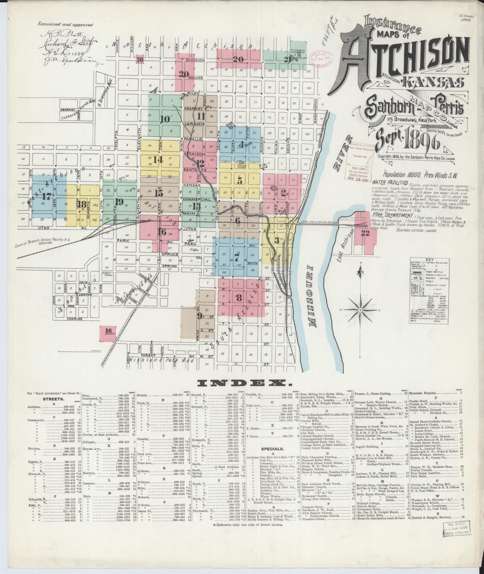 Sanborn Fire Insurance Map from Atchison, Atchison County, Kansas (1896), Sheet #0001 - Complete Map Set gallery image, historic Sanborn map, vintage wall art, Kansas Kansas