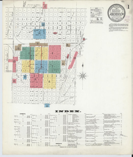 Sanborn Fire Insurance Map from Aberdeen, Brown County, South Dakota (1904), Sheet #0001 - Historic Sanborn Fire Insurance Map Print, vintage old map wall art, antique decor, genealogy gift, South Dakota South Dakota map