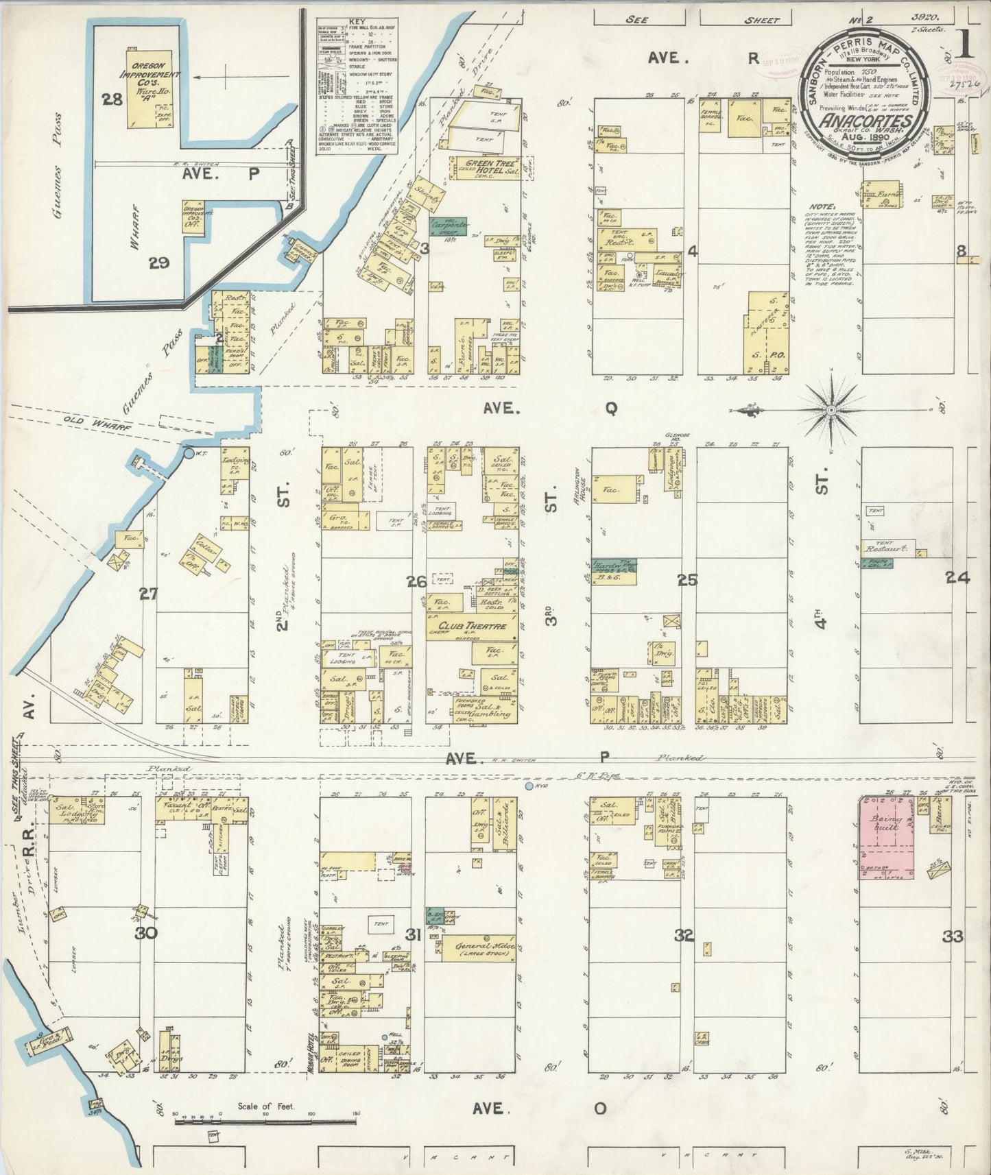 Sanborn Fire Insurance Map from Anacortes, Skagit County, Washington (Unknown), Sheet #0001 - Historic Sanborn Fire Insurance Map Print, vintage old map wall art, antique decor, genealogy gift, Washington Washington map