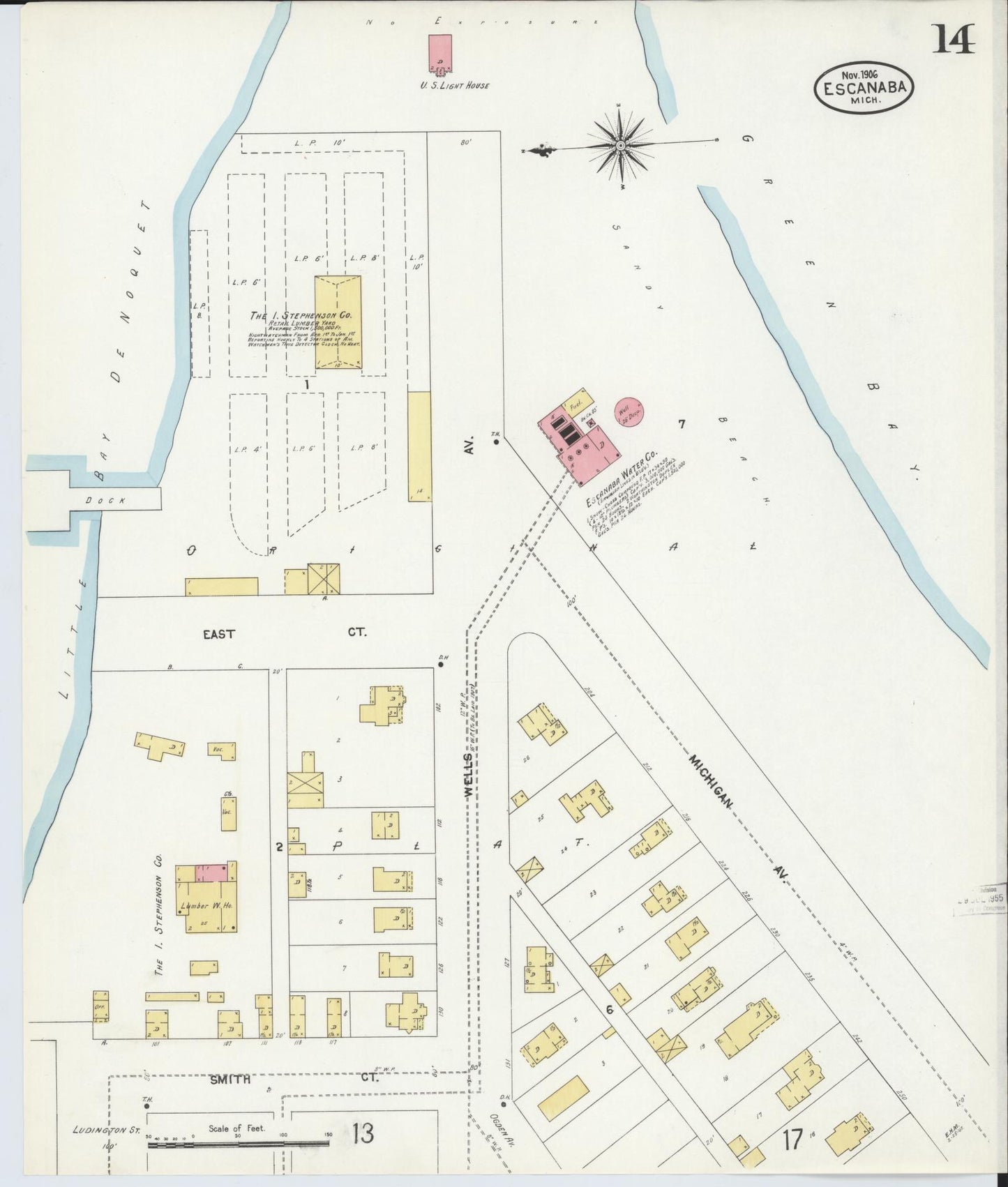 Sanborn Fire Insurance Map from Escanaba, Delta County, Michigan (1906), Sheet #0014 - Historic Sanborn Fire Insurance Map Print, vintage old map wall art, antique decor, genealogy gift, Michigan Michigan map