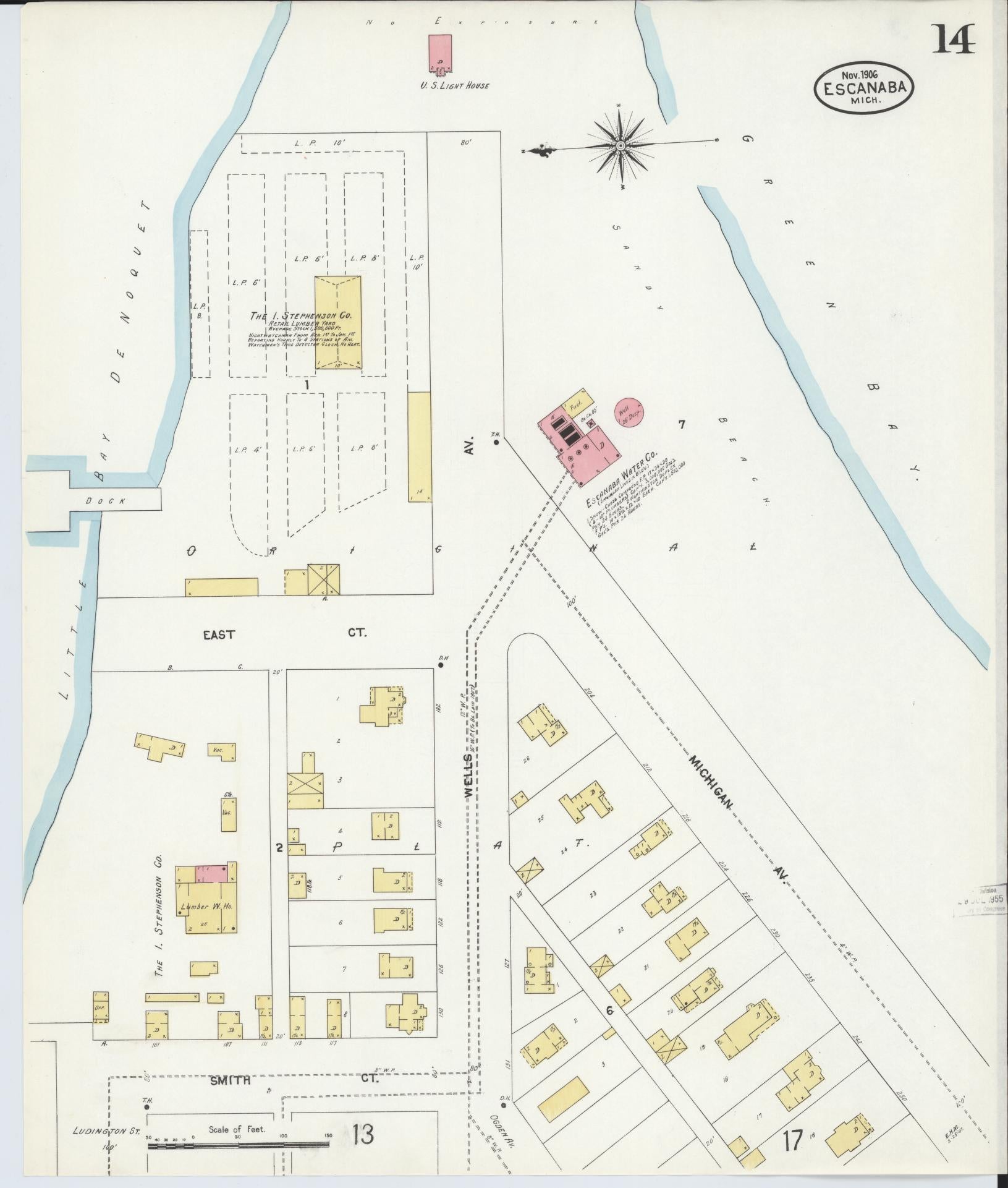 Sanborn Fire Insurance Map from Escanaba, Delta County, Michigan (1906), Sheet #0014 - Historic Sanborn Fire Insurance Map Print, vintage old map wall art, antique decor, genealogy gift, Michigan Michigan map