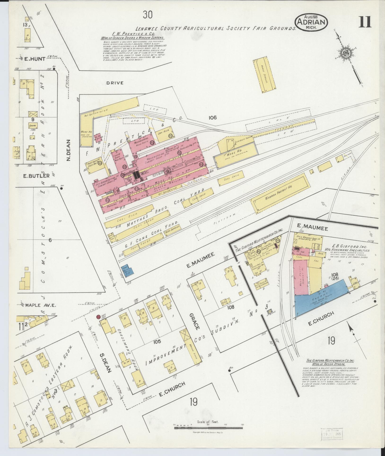 Sanborn Fire Insurance Map from Adrian, Lenawee County, Michigan (1916), Sheet #0011 - Complete Map Set gallery image, historic Sanborn map, vintage wall art, Michigan Michigan