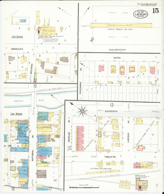 Sanborn Fire Insurance Map from Las Vegas, San Miguel County, New Mexico (1908), Sheet #0015 - Historic Sanborn Fire Insurance Map Print, vintage old map wall art, antique decor, genealogy gift, New Mexico New Mexico map