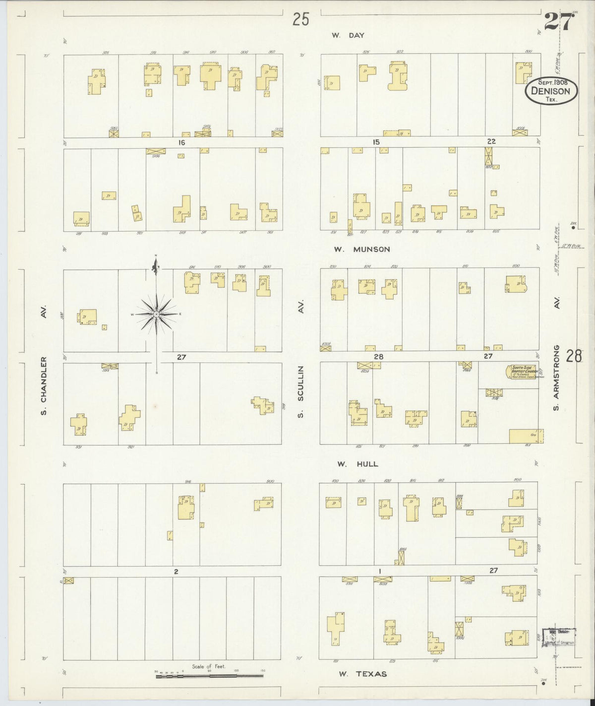 Sanborn Fire Insurance Map from Denison, Grayson County, Texas (1908), Sheet #0027 - Complete Map Set gallery image, historic Sanborn map, vintage wall art, Texas Texas