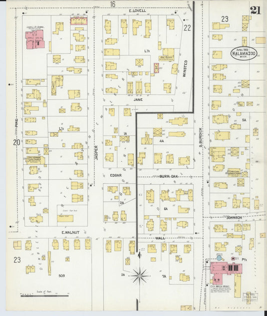 Sanborn Fire Insurance Map from Kalamazoo, Kalamazoo County, Michigan (1902), Sheet #0021 - Historic Sanborn Fire Insurance Map Print, vintage old map wall art, antique decor, genealogy gift, Michigan Michigan map