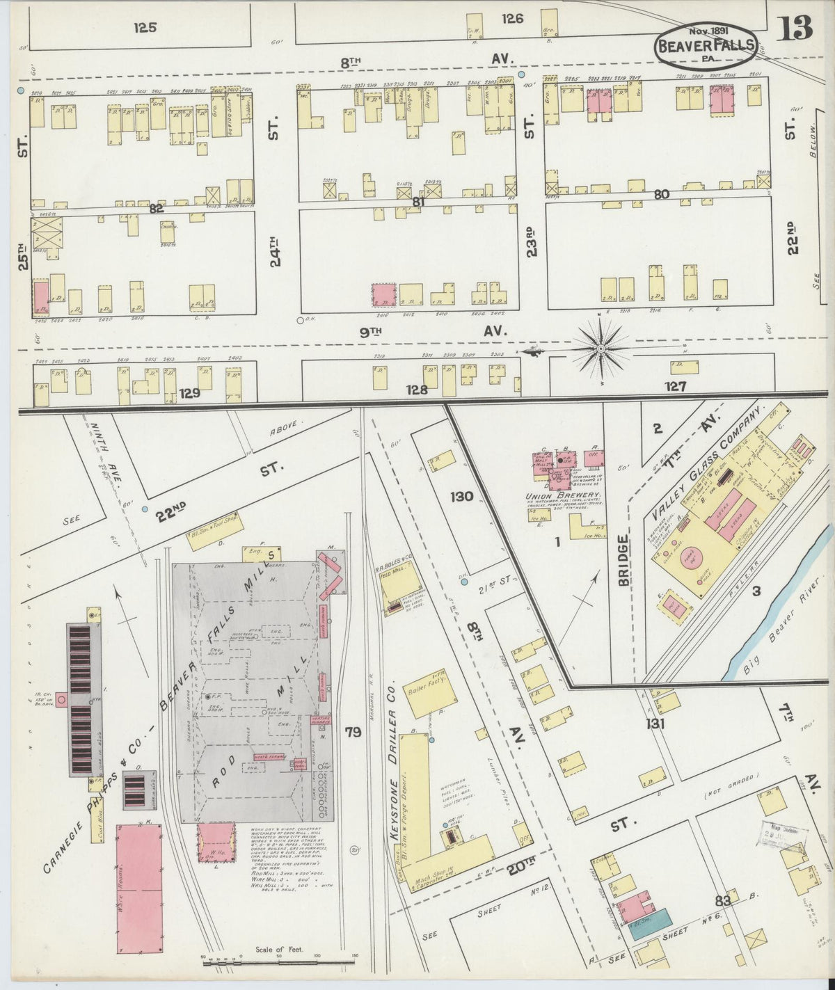 Sanborn Fire Insurance Map from Beaver Falls, Beaver County, Pennsylvania (1891), Sheet #0013 - Complete Map Set gallery image, historic Sanborn map, vintage wall art, Pennsylvania Pennsylvania